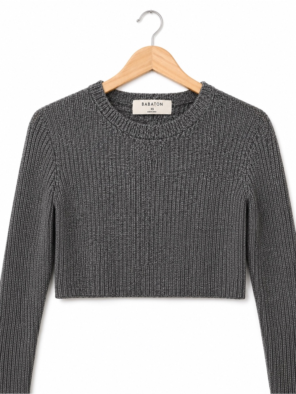 Babaton Aritzia Grey Ribbed Wool Blend Cropped Sweater XS Minimalist Crewneck